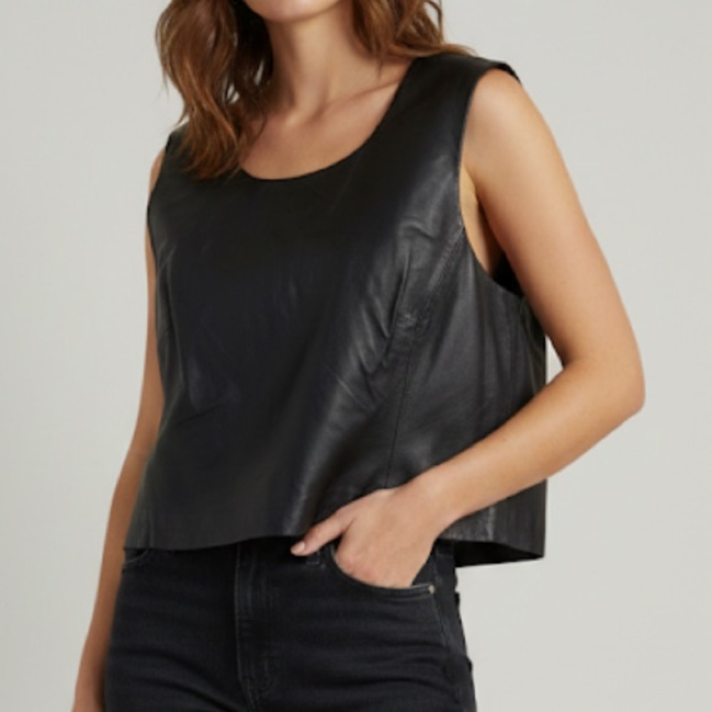 Newport News Black Leather Cropped Sleeveless Grunge Top Black Size 24w NWOT‎